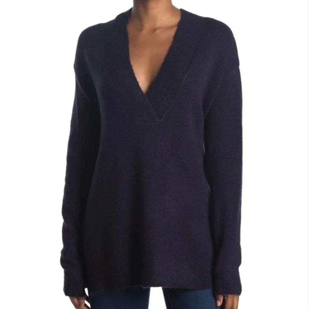 RDI Deep V Neck Tunic Sweater Navy Blue Knit Pullover XS NEW